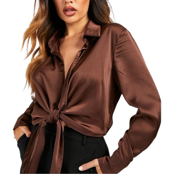 Boohoo Brown Tie Front satin Notched Collar Blouse - Picture 5 of 7